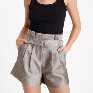 NEW EXPRESS Women Super High Waist Metallic Belted Pleated Paperbag Dress Shorts